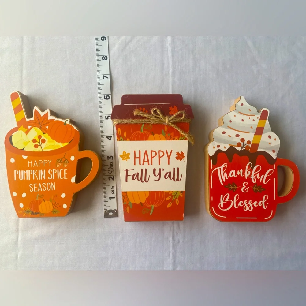 3Pcs Fall Season Chunky‎ Wood Decor Coffee Mugs Happy Pumpkin Spice Season Happy